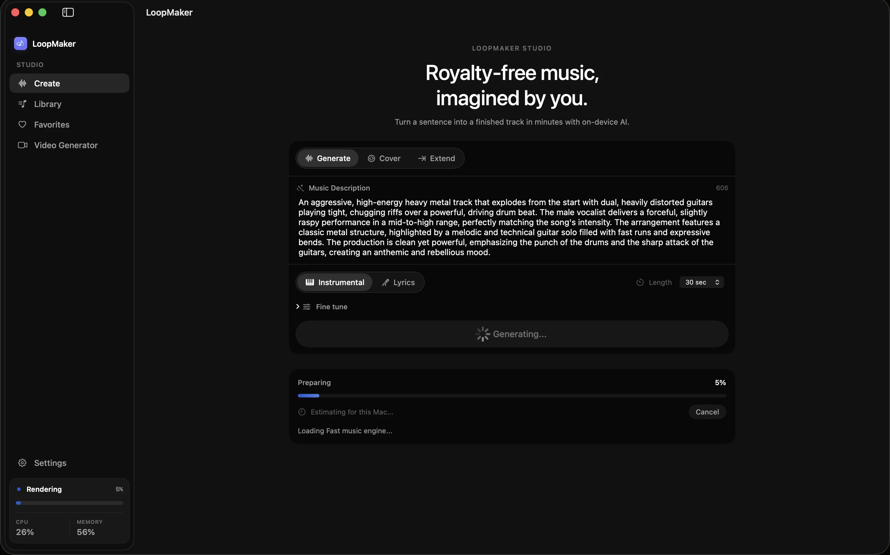 LoopMaker generating a heavy metal track locally, with render progress visible