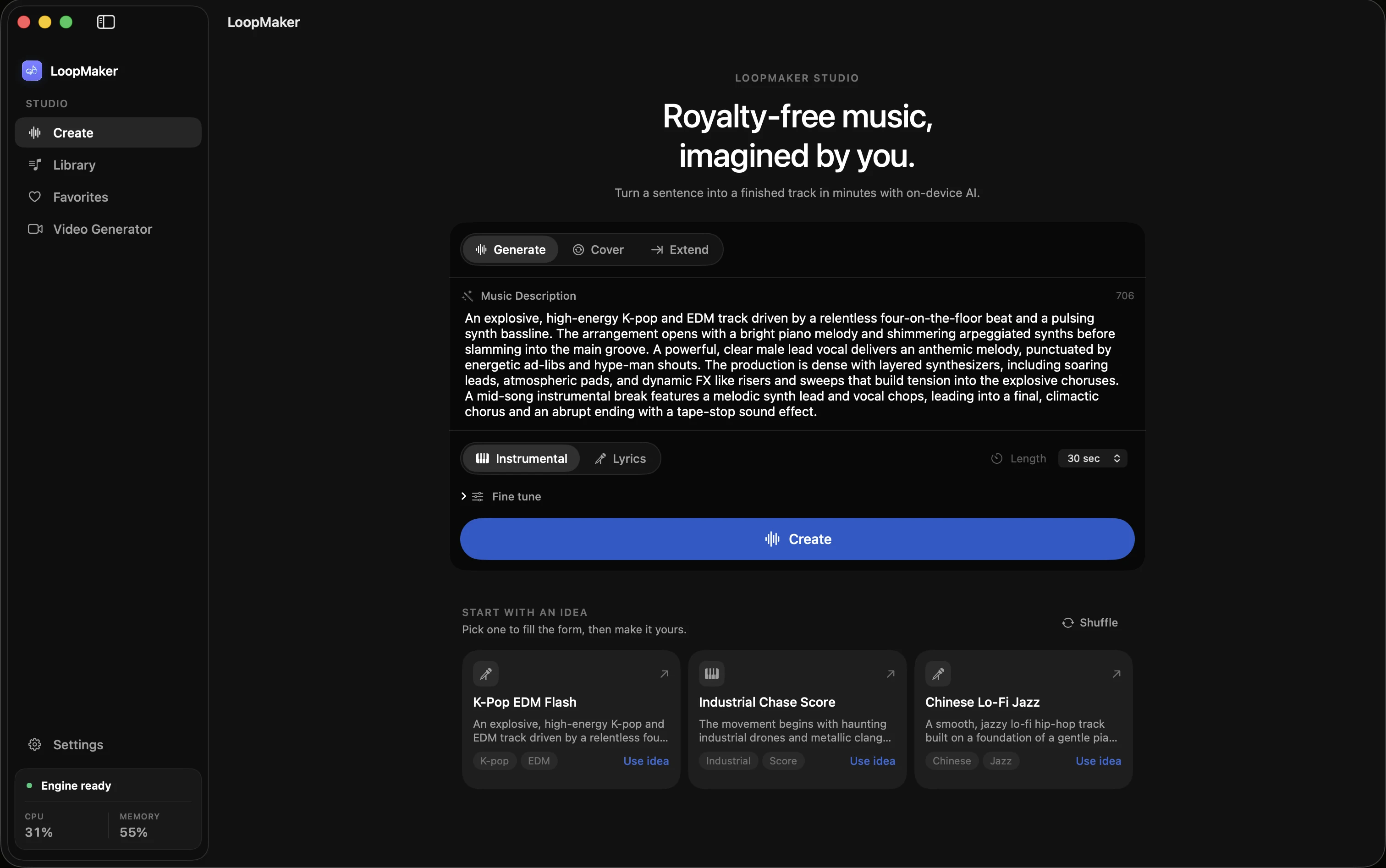 LoopMaker Studio on macOS, showing the local AI music generation workspace